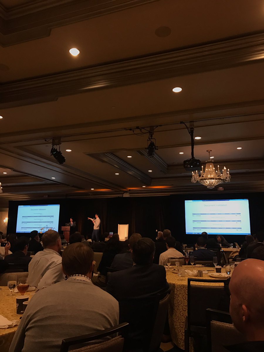 anguschampion's tweet photo. .@ajbeal &amp; Billy demoing our live blockchain-enabled identity management solution for transferring IDs across legal entities at #distmarkets https://t.co/r5nXgW6JjX