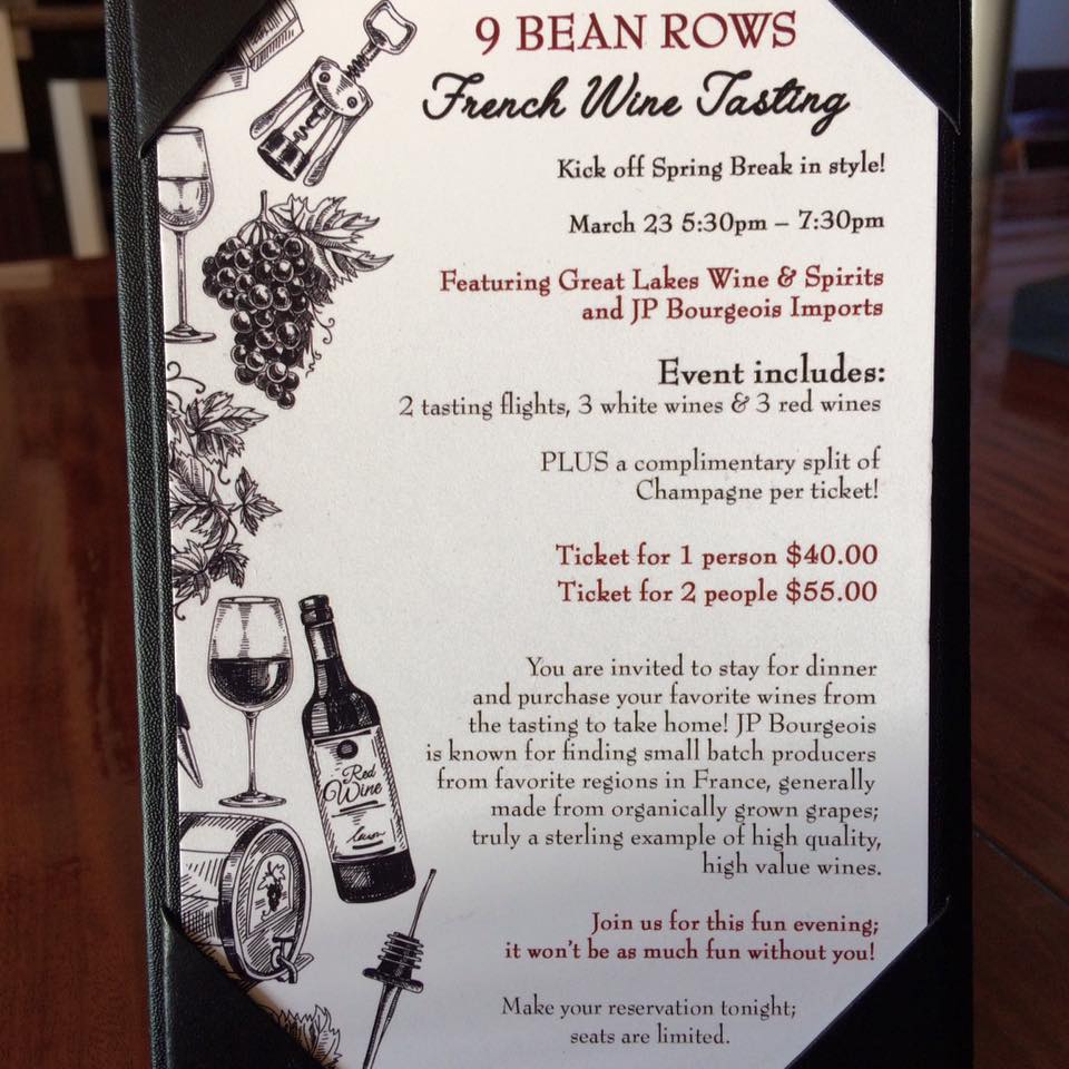 Join us March 23, 5:30-7:30, for a night of French wine tasting! Call 231-271-1175 to reserve your spot; seating is limited!