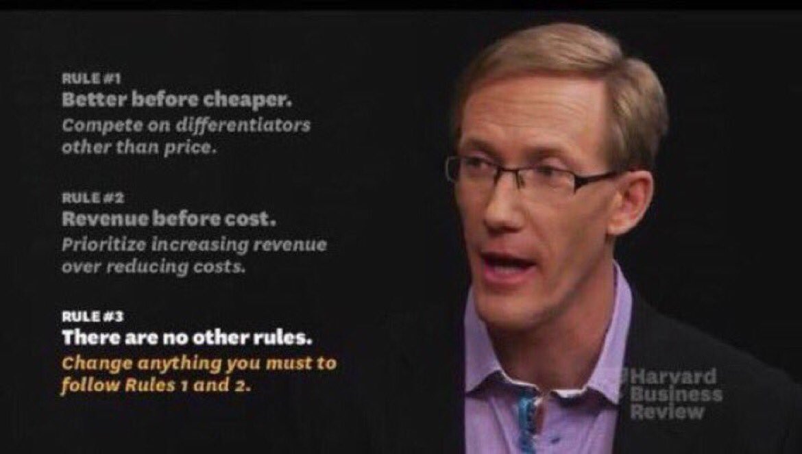 Three rules for building a great company:

1 better before cheaper
2 revenue before cost
3 there are no other rules