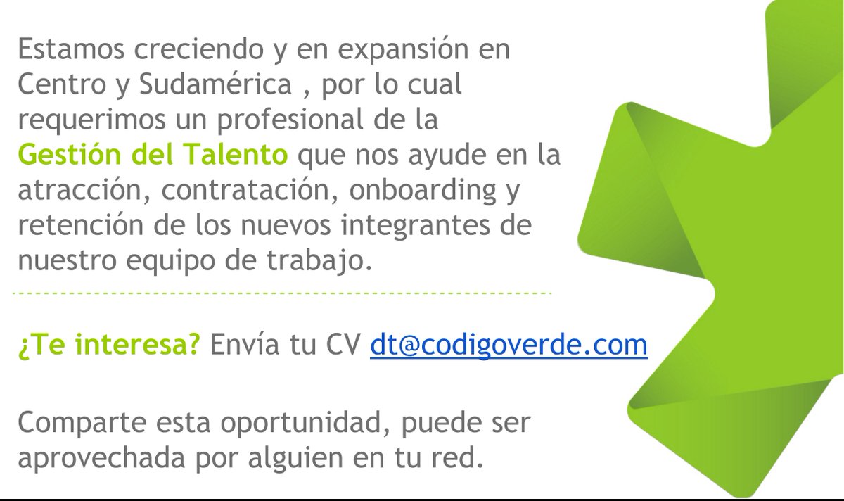 codigoverde's tweet photo. Contratación inmediata: Coordinador de Talento Humano basado en Monterrey, México.
#empleo #trabajo
RETUIT para compartir la oportunidad https://t.co/Ne7Sg01PGg