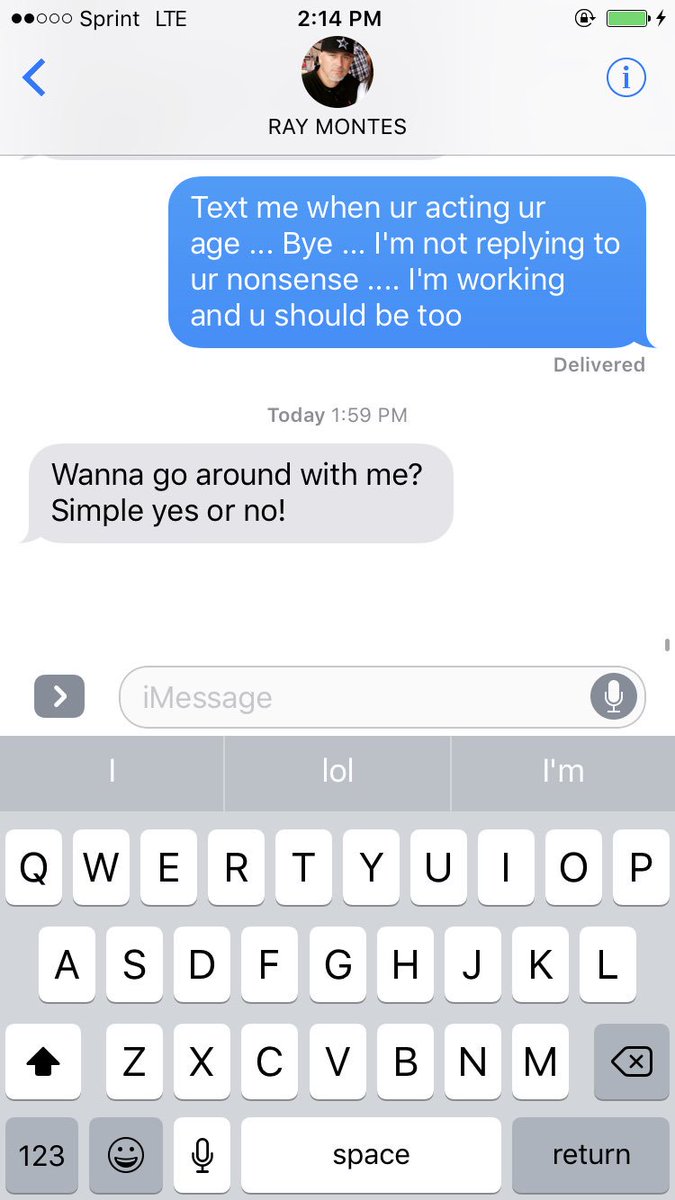MontesChrissy's tweet photo. Monday #textwars w/Ray, I told him text me when u want to act ur age!! We are almost there...he sounds like a 5th grader now! #goingaround ๐ https://t.co/JH2ZBRxwdk