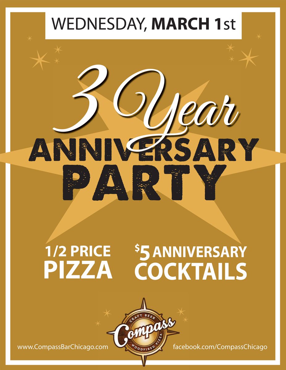 Compasschicago's tweet photo. 3 Year Anniversary Party this Wednesday @Compasschicago  Come help us celebrate, and enjoy food/drinks specials all night! https://t.co/vKXeevWxmb