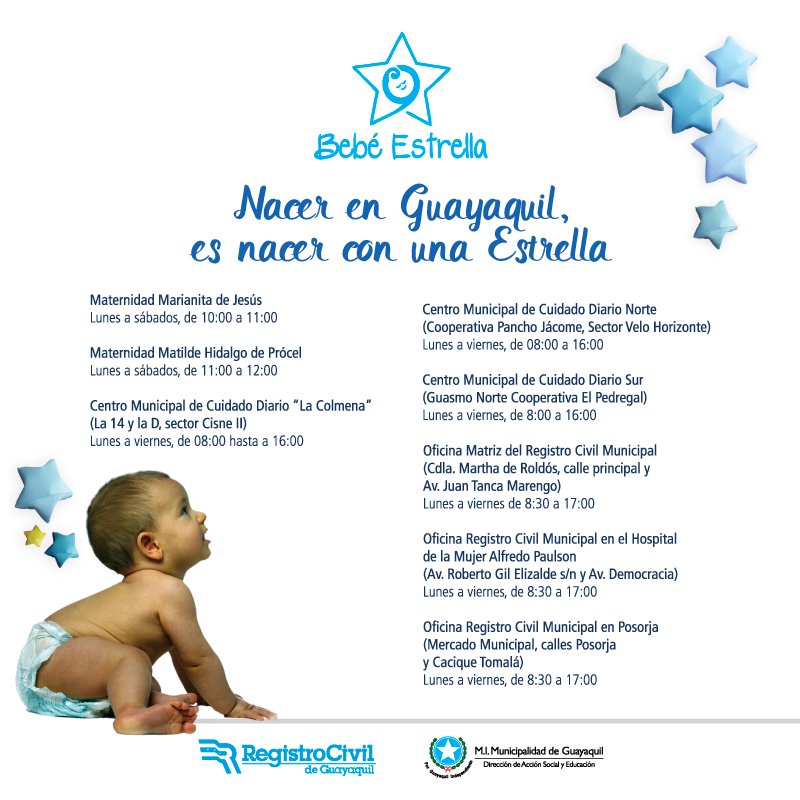 DASEAlcaldiaGye's tweet photo. A través de "Bebé Estrella" le damos el primer regalo a los bebés nacidos en Guayaquil, solo con presentar el documento Nacido Vivo en: https://t.co/ebtN0qWzpX
