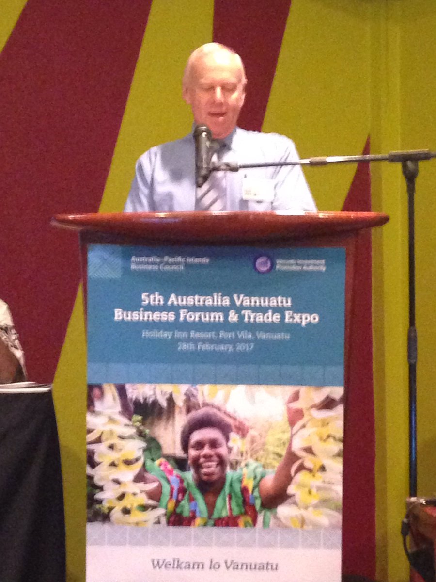 AustraliaPIBC's tweet photo. Gary Clifford, President of #APIBC opens the 5th Australia Vanuatu Business Forum at @HIResortVanuatu #5AVBF https://t.co/QxY78kl592