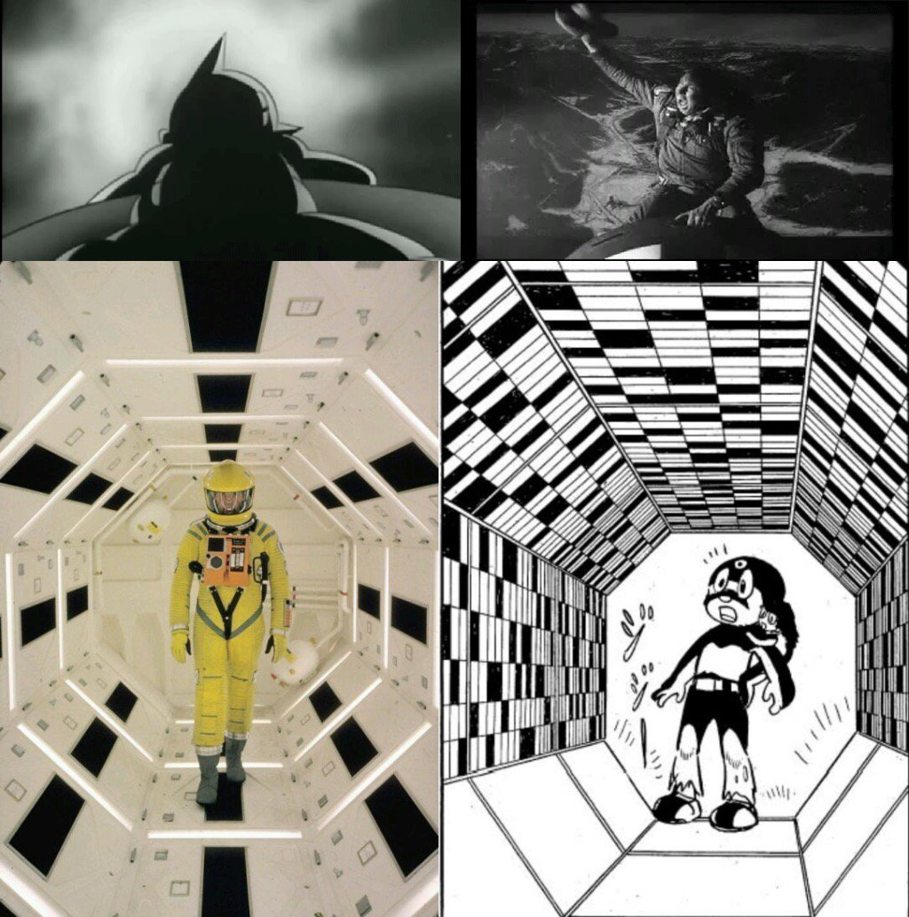 2001_italia's tweet photo. Kubrick and Ozamu Tezuka were fans of each other. Here's two references of Kubrick's work in 'Atom Boy' (1966) and 'Mitsume ga Tooru' (1974) https://t.co/pwMzZYVr5a