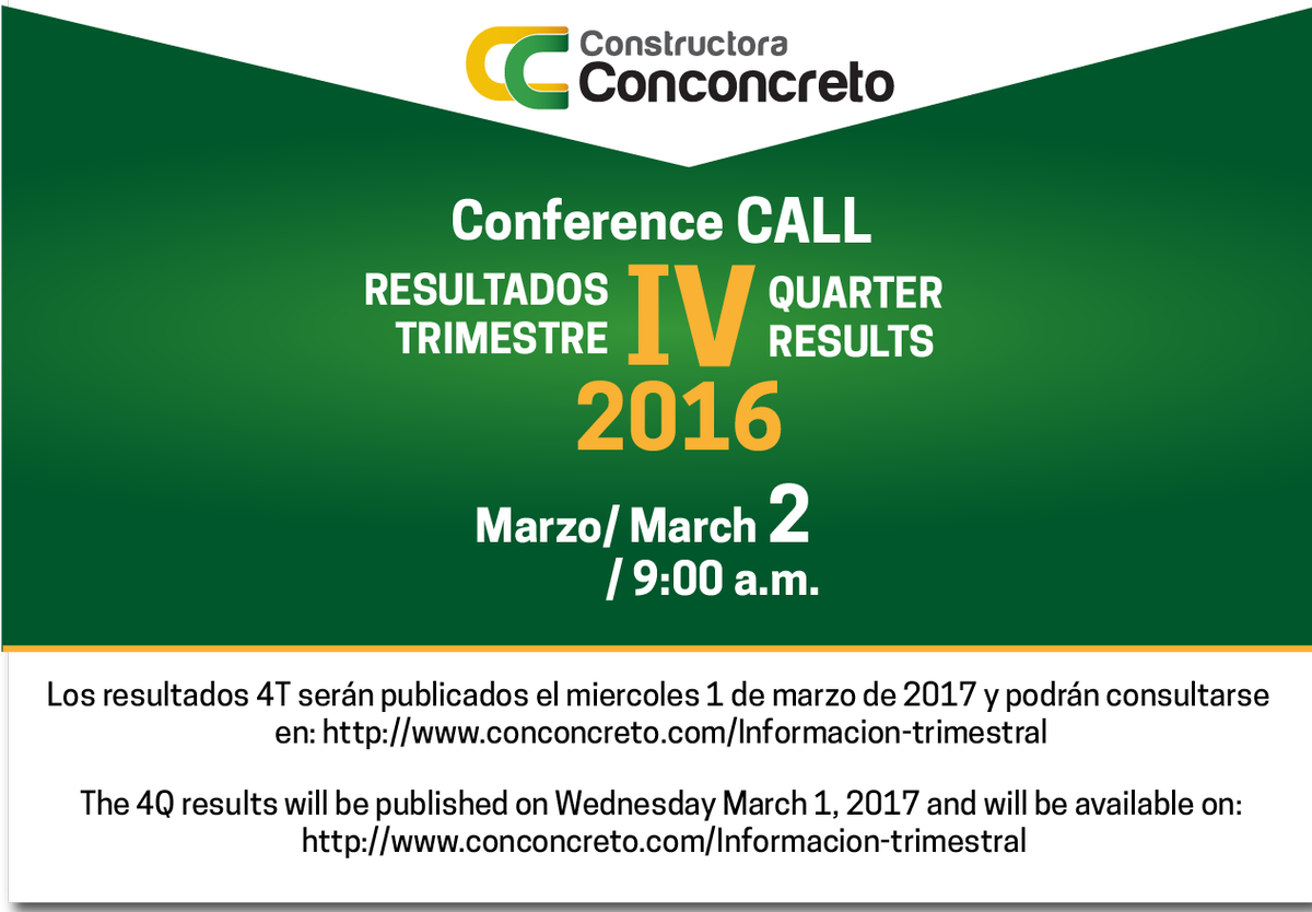 Conconcreto's tweet photo. Próximo jueves 2 de marzo, 9:00 a.m. teleconferencia de resultados #4T2016. #InversionistasCC https://t.co/apRLE5B8Qx