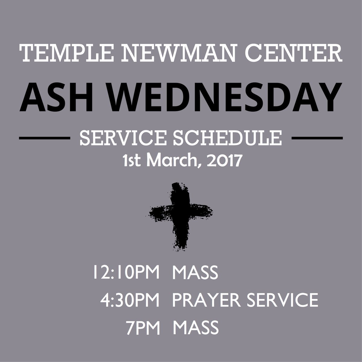 TUNewmanCenter's tweet photo. Ash Wednesday Service times, Come get your ashes! https://t.co/YDSOiUwAI5