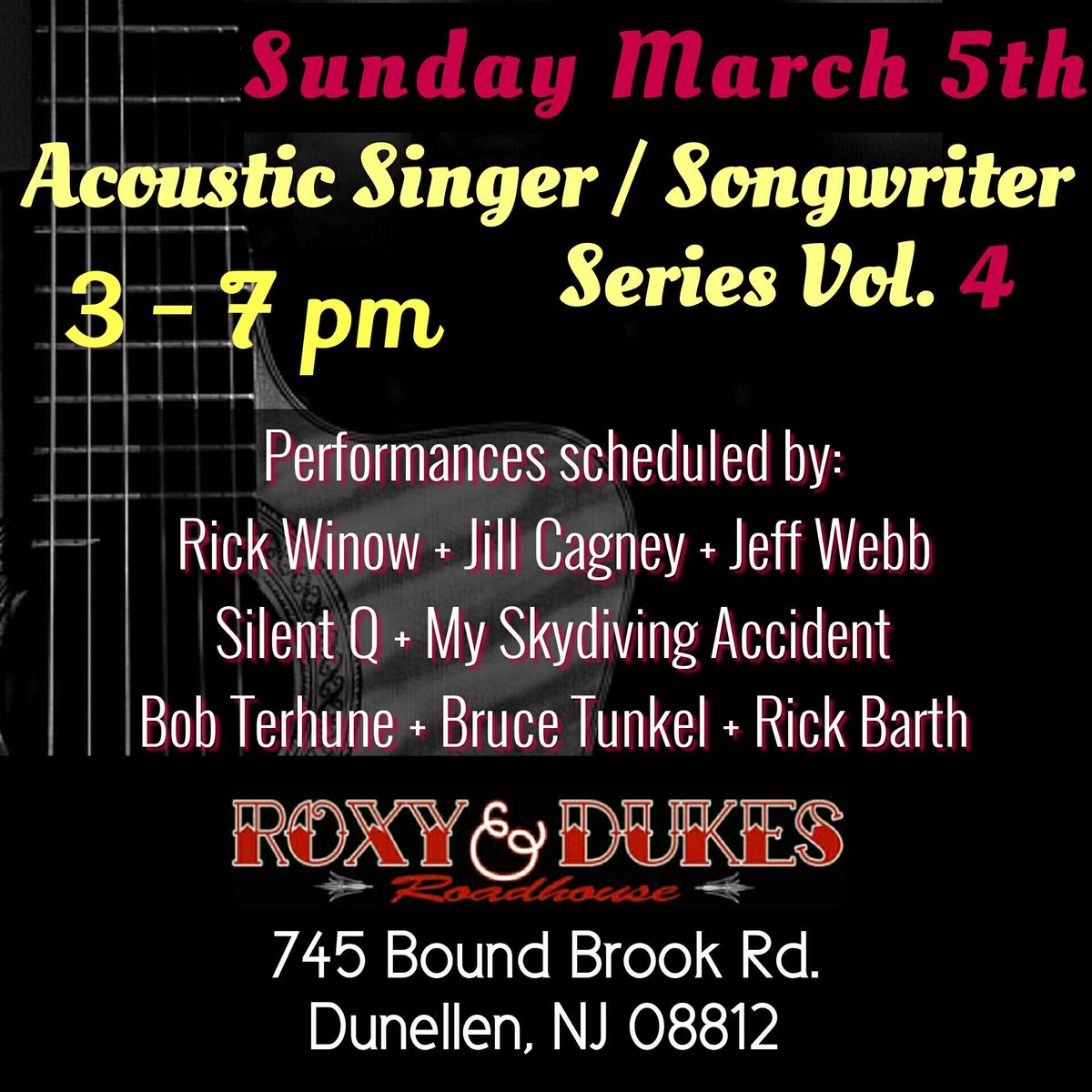 JerseyIndie's tweet photo. #Dunellen *SUNDAY* 3-7PM - #Acoustic #SingerSongwriter Series - Vol. 4 at @RoxyAndDukes | #rock #punk #folk #pop https://t.co/blig8Tsc73