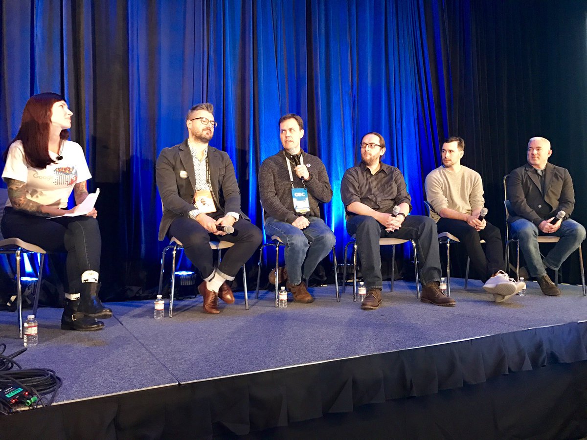 jmoledina's tweet photo. . @jesseschell, Will @klei, Ricardo @505_Games, Petr @aboutfungames, Pete @DisruptorBeam share true indie stories w/ @SarahLuvsVGames #gdc17 https://t.co/d88HCLnpgo