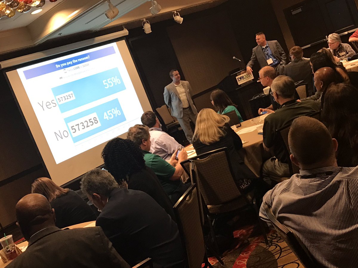 MeredithRogan86's tweet image. #DRI2017 Do you pay the ransom? Room vote says...Yes?! #hackerproblems @PeteRenneker @DRI_Intl