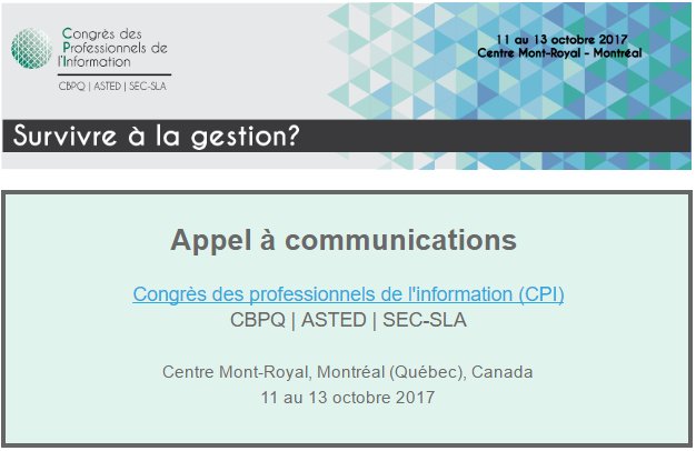 CBPQ_QC's tweet image. 📢 [Appel à communications] Congrès des professionnels de l'info 2017 "Survivre à la gestion".
Jusqu'au 17/04
Info ➡️ congrescpi.com