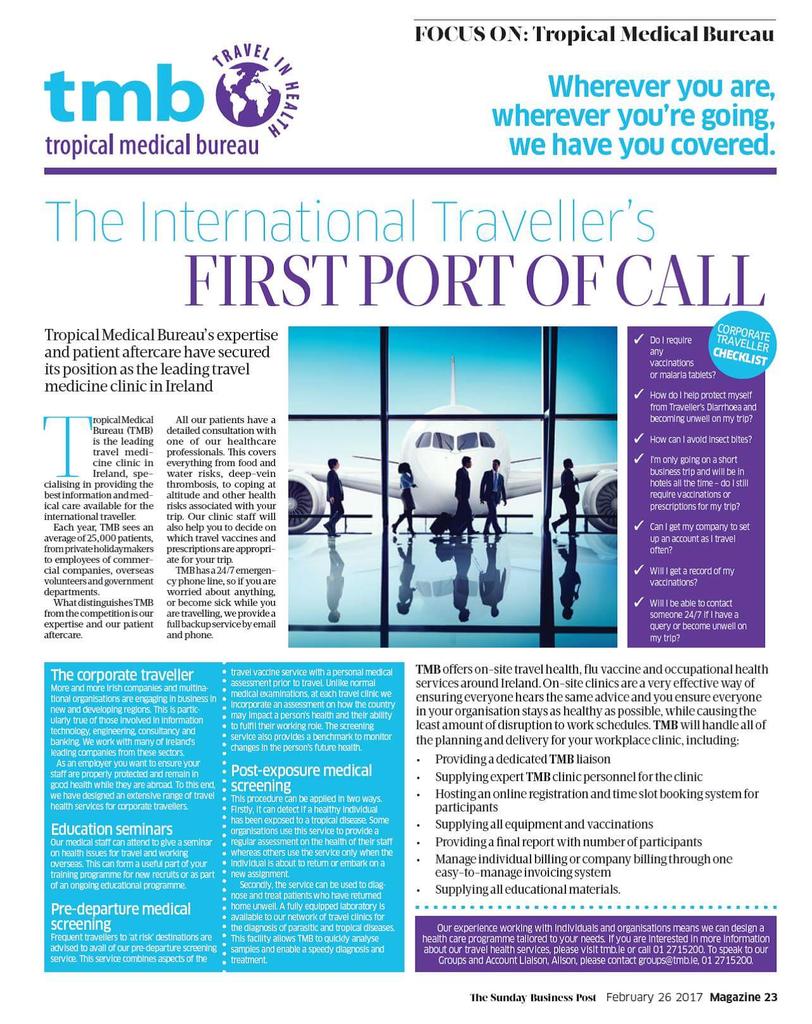 alisoncurran's tweet photo. Great feature on @TMBClinics, especially corporate &amp; group services in @sundaybusiness #travelhealth #digitalnomad https://t.co/BwMmCiA8Dy