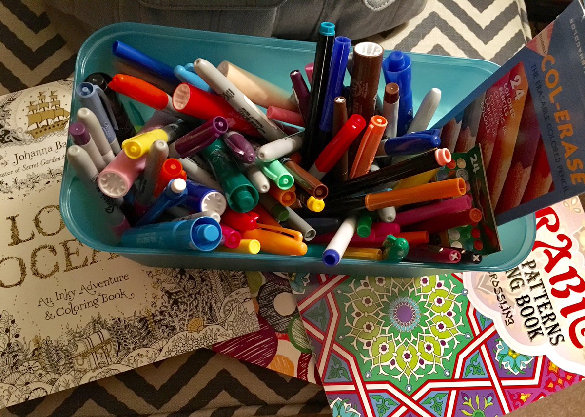 mrsrrauch's tweet photo. The ACT tomorrow plus exams next week. Coloring books, suit up. You're headed to high school with me tomorrow. #colortocalm https://t.co/loxten7iYc