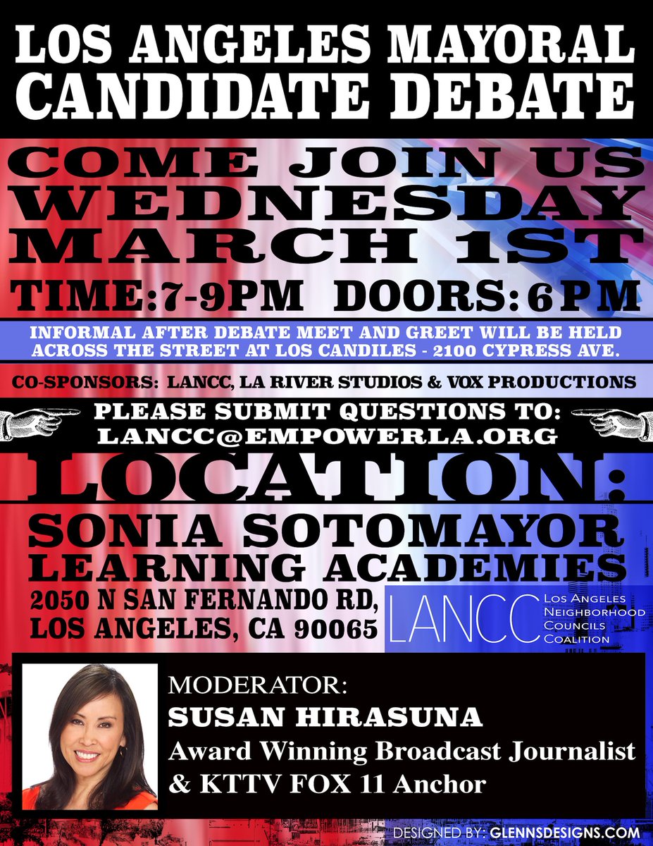 Arts4LA's tweet photo. LA Mayoral Candidate Forum Wed 3/1, 7pm, Sonia Sotomayor Learning Academies, moderated by @SusanHirasuna #LANCC @EmpowerLA #ArtsVote https://t.co/A5xQ4YGnFI