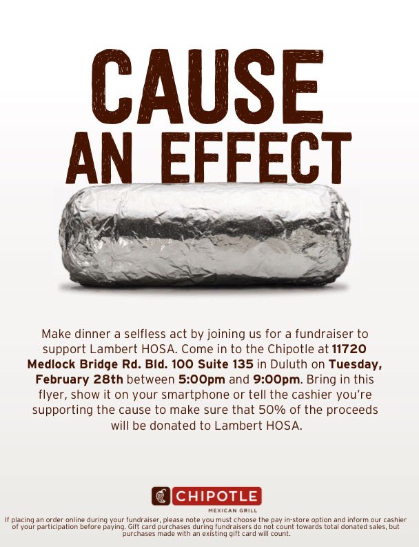 LambertHOSA's tweet photo. Our Chipotle Night is TOMORROW! Come see us at the chipotle on Medlock Bridge from 5-9. Don't forget to mention you're with Lambert HOSA. https://t.co/ee5jzUQB29