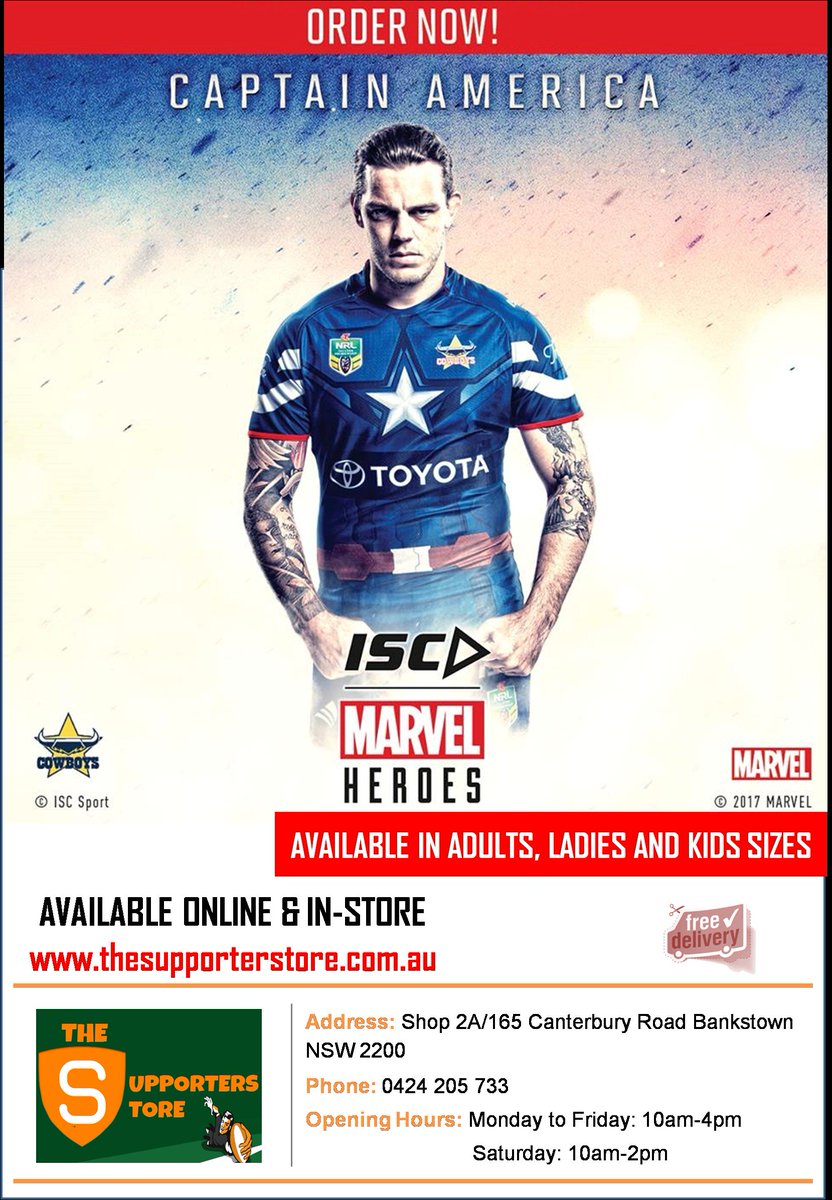 supportersstore's tweet photo. The wait is over... #ISCMARVELHEROES
North Queensland Cowboys | Captain America

Available now @ https://t.co/vAw3AA5GqZ

#NRL #nqcowboys https://t.co/PfdPIYbLKN