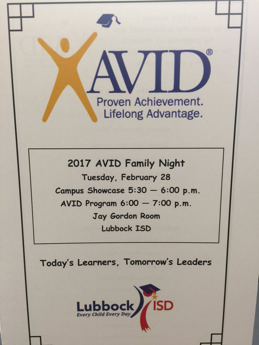 AVID_LISD's tweet photo. AVID Family Night!  Join us February 28th from 5:30-7:00! https://t.co/iEqi3I4pvg