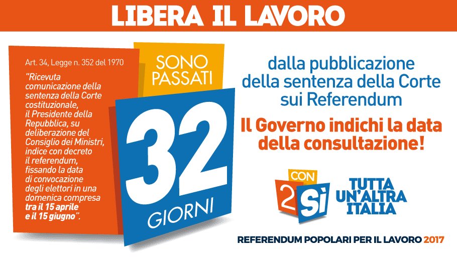 cgilnazionale's tweet photo. Pres. @PaoloGentiloni i giorni passano⏳. Si fissi la data del #ReferendumLavoro in coincidenza con le amministrative 📅 #ElectionDay subito! https://t.co/2R5jsmMyqw