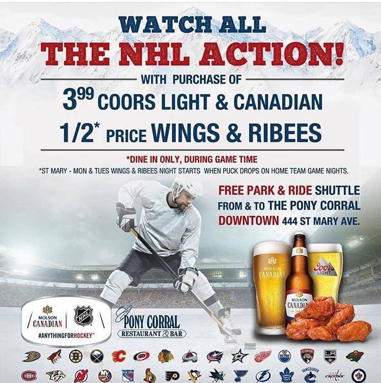 PonyCorral's tweet photo. Free Park &amp; Ride from &amp; to the #PonyCorralDowntown 🚌 enjoy #halfprice #wings &amp; #ribees with purchase of 3.99 #CoorsLight &amp; #Canadian🏒#nhl https://t.co/pKDEmlgsDS