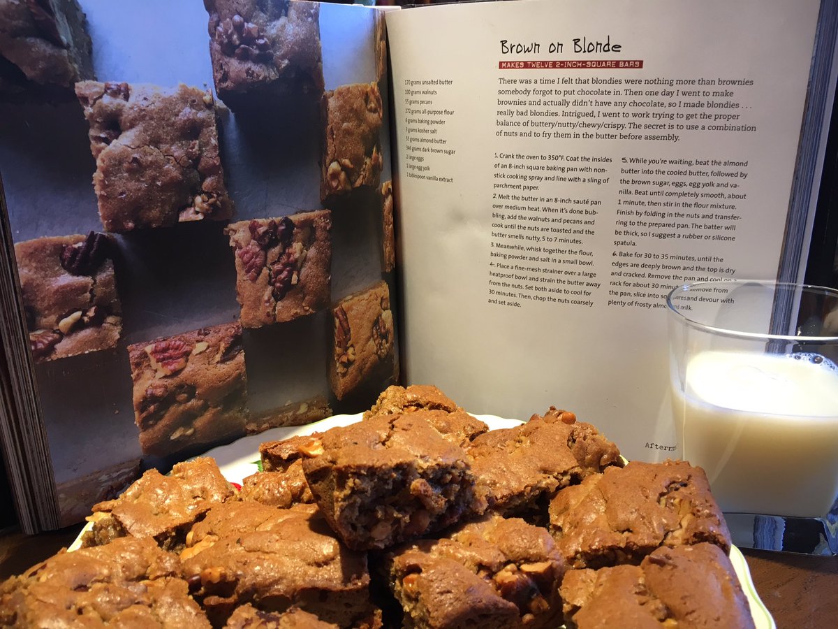 PatLaura's tweet photo. @altonbrown A good reason for having an ice cold glass of milk - #everydaycook brown on blonde blondies! #abgrams https://t.co/Suxght988Q