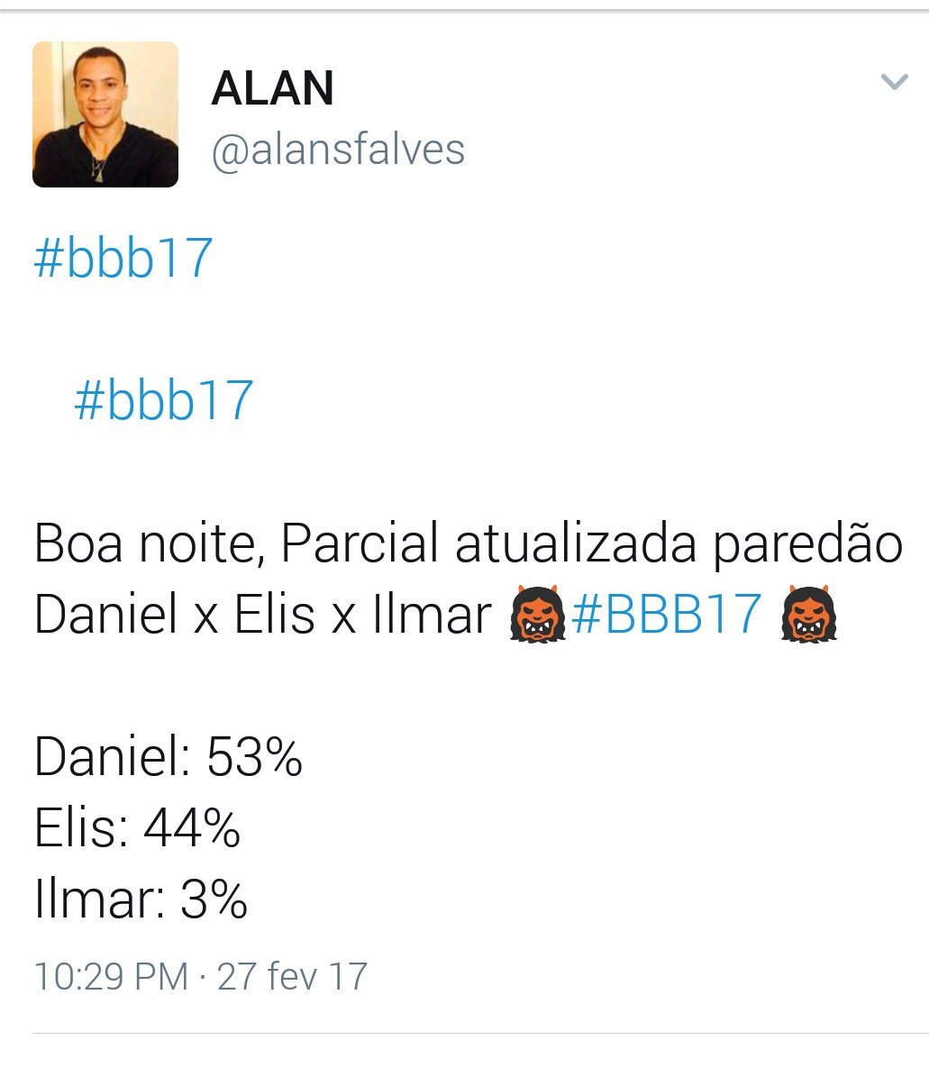 ComentaTudo4's tweet photo. @Gabrielaflor27 Daniel passou Elis ( atualizado) dá última parcial dele #ForaDaniel #BBB17 https://t.co/YtDYvOJCKi