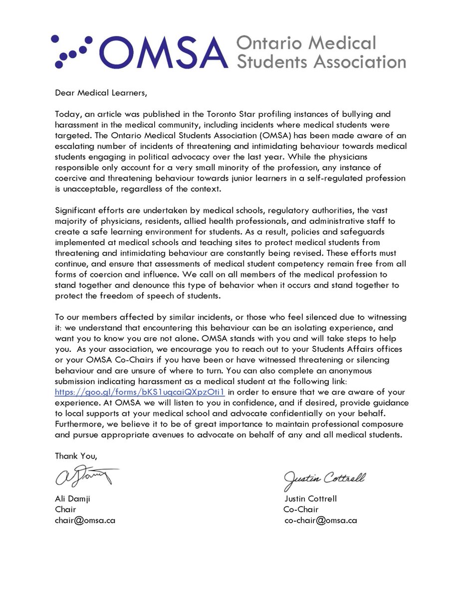 OMSAofficial's tweet photo. #OMSA response to the @TorontoStar article (https://t.co/GJW6eyNmSG) published earlier today regarding #medstudent &amp; learner harassment https://t.co/KMzpiavJu3