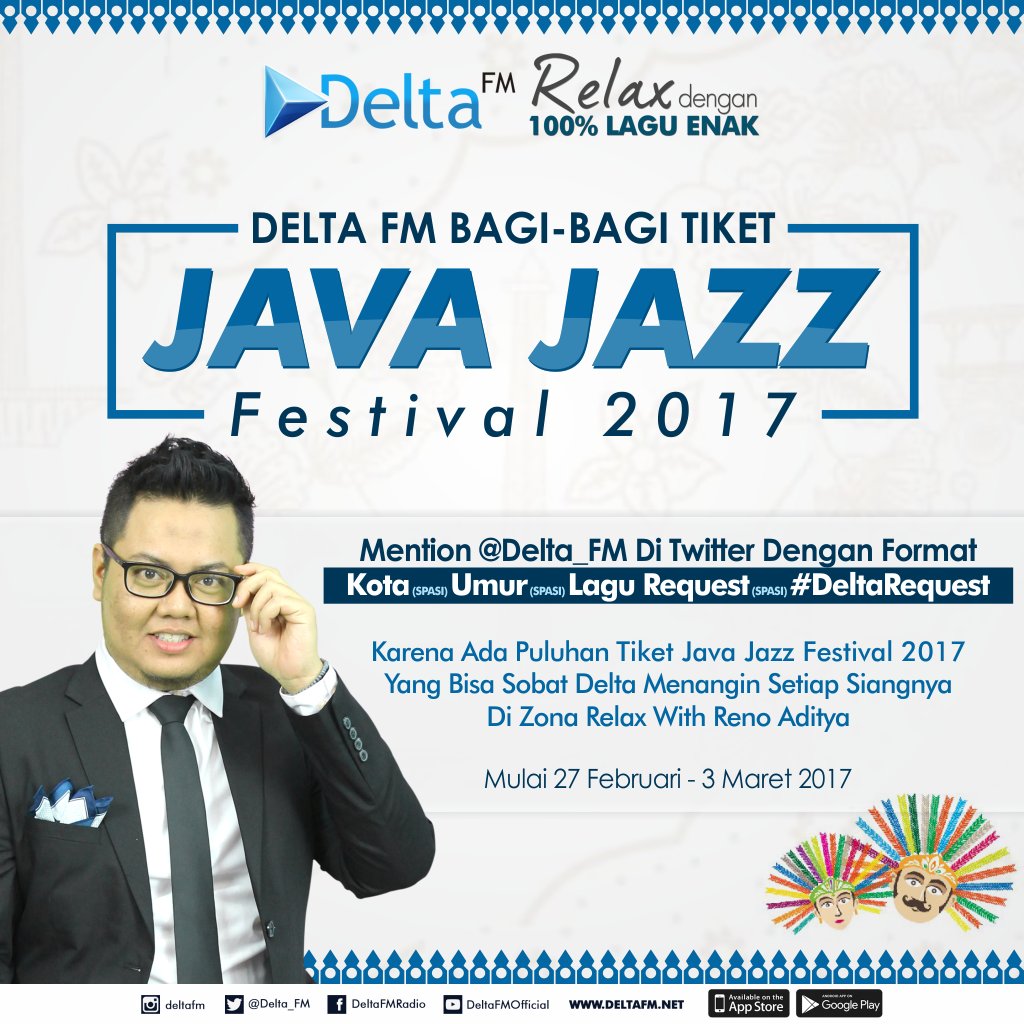 Delta_FM's tweet photo. Tinggal request lagu kesukaan Anda bisa dapat 2 tix Java Jazz Festival lho, mau? Yuk ikutan #DeltaRequest ya Sobat Delta! https://t.co/xCa3Bd0LRn