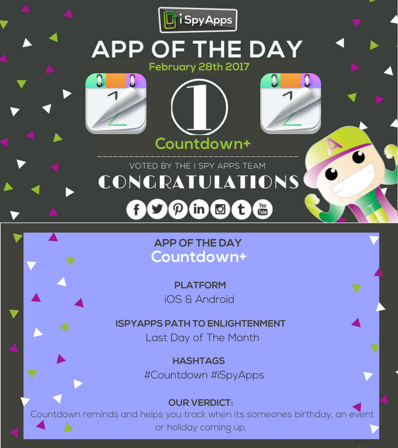 iSpyAppsFilm's tweet photo. It’s the end of the month and @countdownplus is the perfect app to keep track of events, holidays and friends birthdays etc. #ispyapps #app https://t.co/tRD0D5E2ht