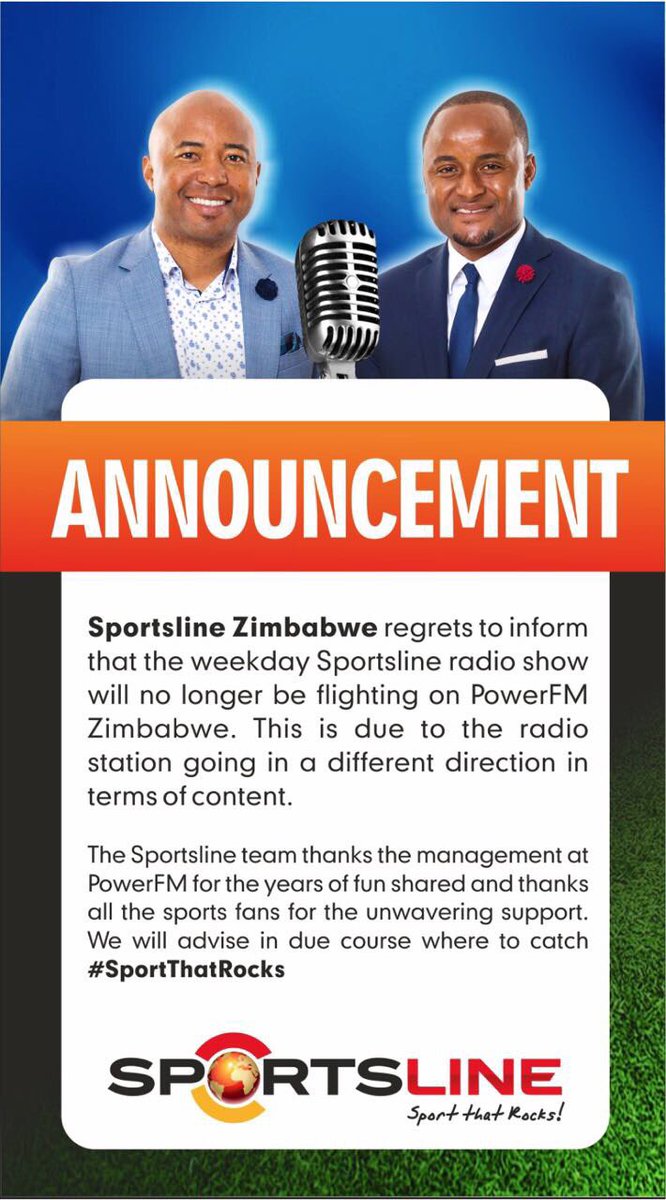 mikemadoda's tweet photo. Break in transmission.. To our valued listeners, sadly our time on PowerFM Zimbabwe is up.. But we will be back! #SportThatRocks! https://t.co/jYseGyGIVE