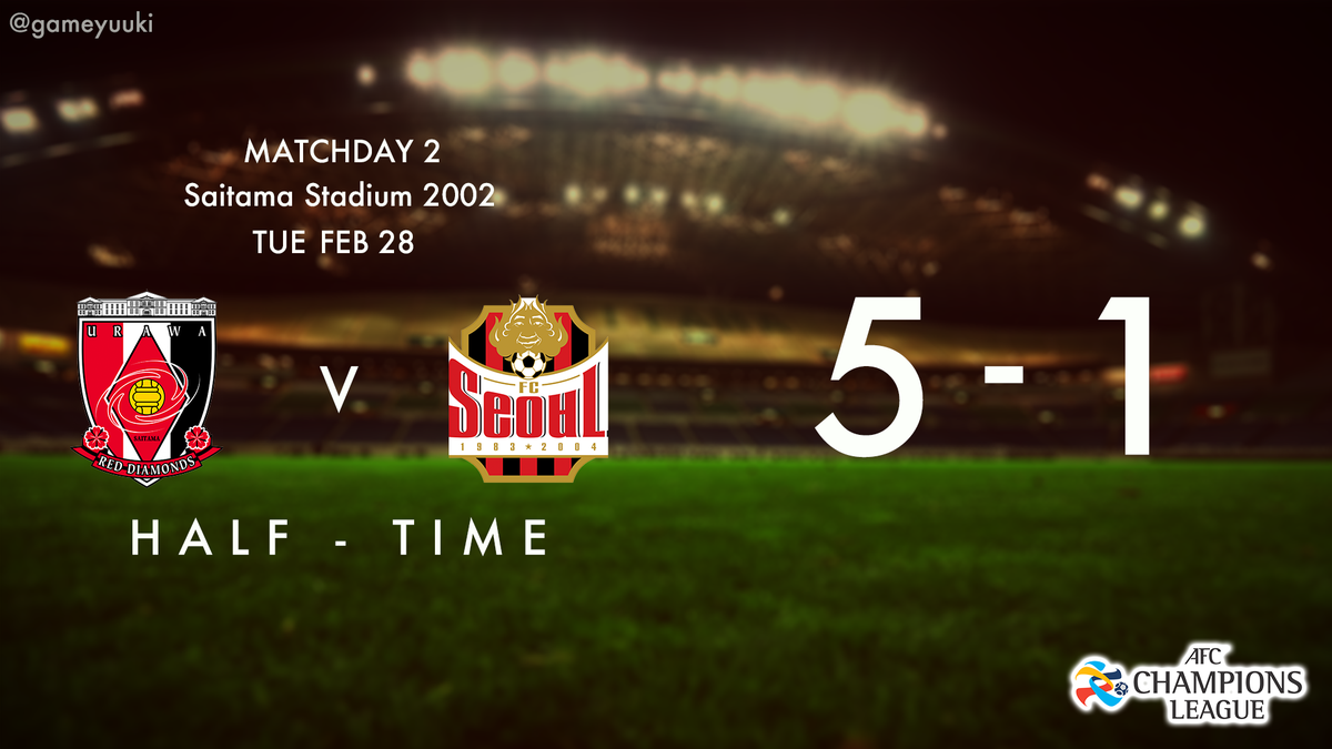 shirai3des's tweet photo. HALF TIME
#浦和レッズ 5 - 1 #FCソウル
09′ 武藤 雄樹
11′ 李 忠成
14′ パク・チュヨン（FCソウル）
15′ 関根 貴大
21′ 宇賀神 友弥
45′ 駒井 善成
#wearereds #urawareds #ACL2017 #URAvFCS https://t.co/6Rh6PWwQIr