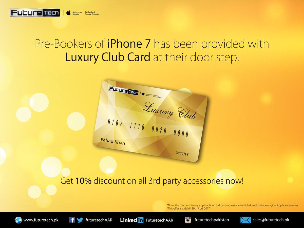FutureTechAASP's tweet image. Now at FutureTech Luxury Club Card Members Can get 10% Discount on All 3rd Party Accessories at our Stores :)
#Happyshopping @FutureTechAAR