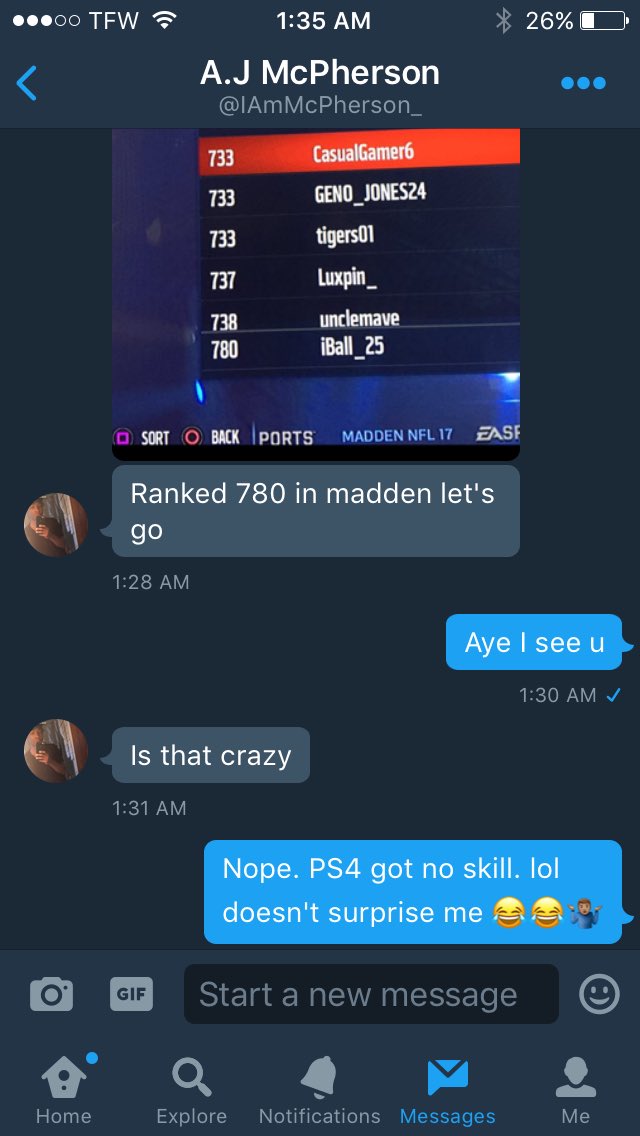 Jahaad23's tweet photo. @IAmMcPherson_  Twon thought his lil Madden rank was somethin. Boy you know PS4 got no competition. 😂💀#XboxAllDay https://t.co/QurPbtJ5lQ