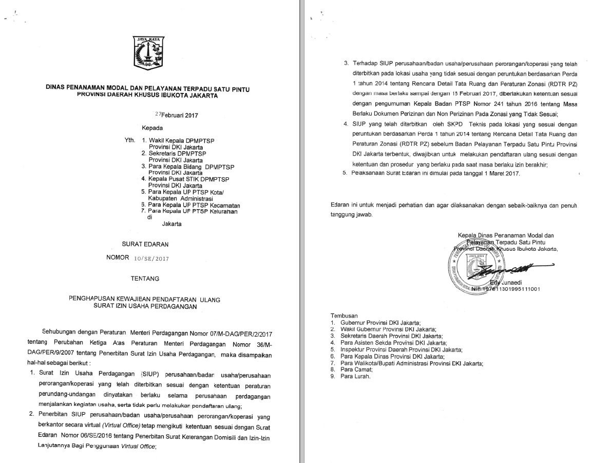 layananjakarta's tweet image. Terhitung tgl 1 Maret 2017, SIUP tidak perlu diperpanjang dengan beberapa syarat. Yuk cek di SE berikut ini. Salam SETIA #MelayaniJakarta