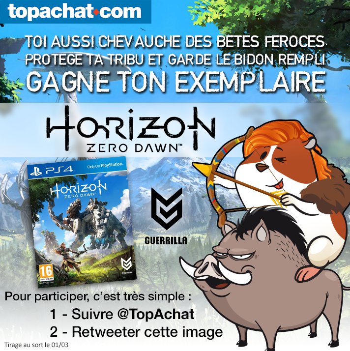 TopAchat's tweet photo. 🎁 #Concours 🎁

Protège ta tribu et remplis ton bidon ! Gagne ton exemplaire de Horizon Zero Dawn !

#RT + Follow @TopAchat pour participer ! https://t.co/sQq2Q9aTqU