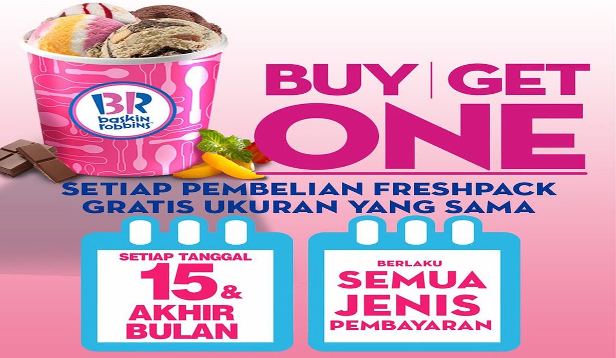 istanaplaza's tweet photo. Buy 1 get 1 free promo from Baskin Robbins Ice Cream for all Freshpack ! Valid on 15th of every month &amp; in the end of month. #Promo_IP https://t.co/j9rGnIOn7u