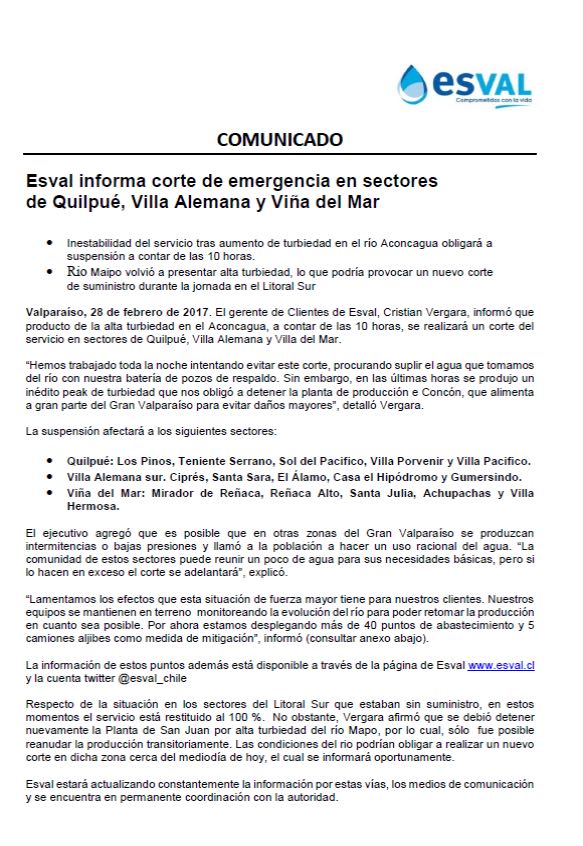hwittigb's tweet photo. ESVAL informa corte de agua en algunos sectores de Villa Alemana ; sector sur Los Cipreses, El Alamo,Casas de Hipódromo y Gumercindo (10 AM) https://t.co/PfRWUogKm1