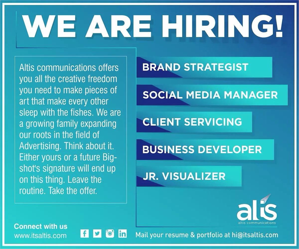 itsaltis's tweet photo. We're looking for Advertising Professionals! Reach out to us at hi@itsaltis.com of you feel you fit in! #Vacancy #Advertising #Media https://t.co/WH2LWc8Ppt