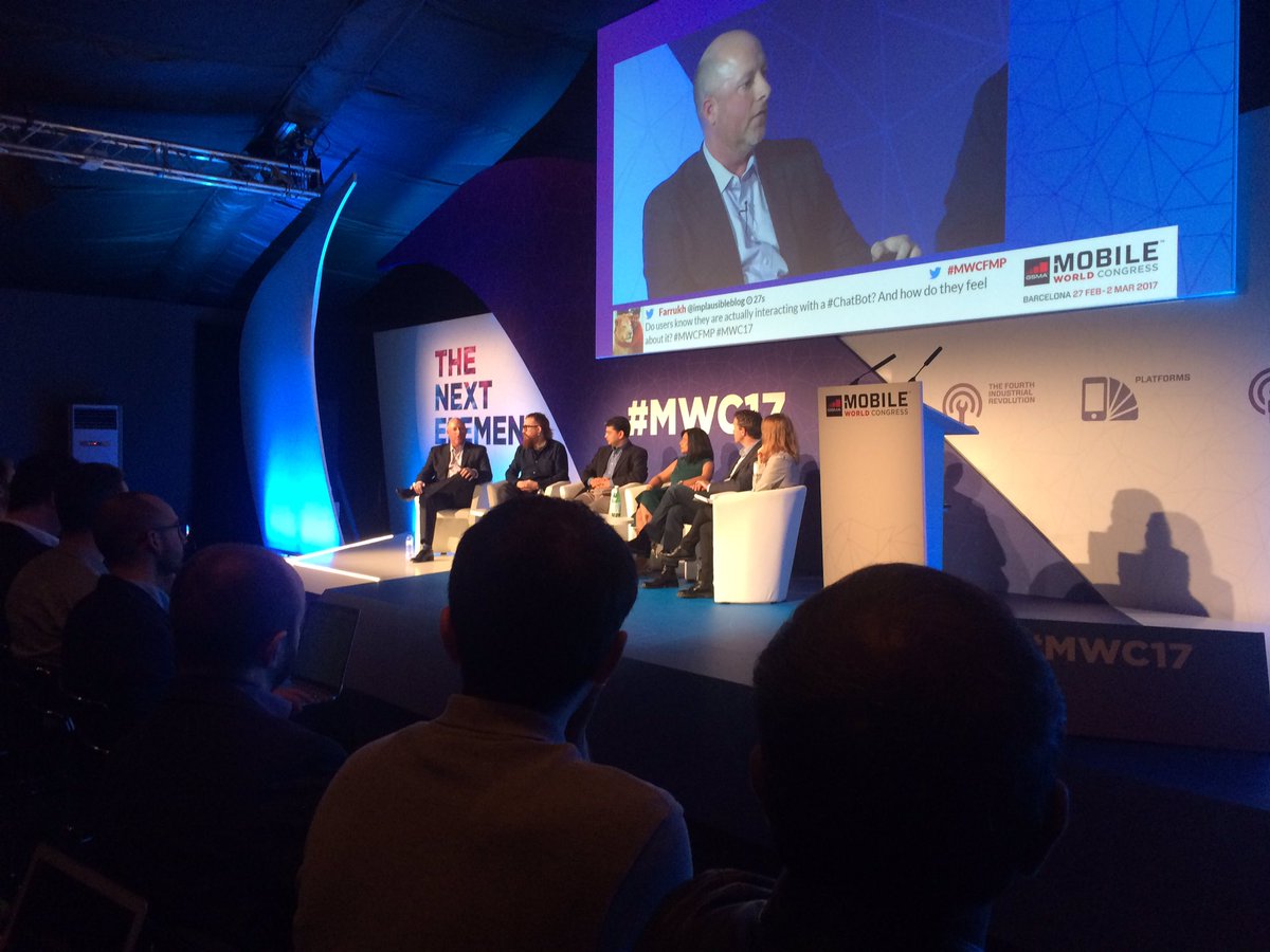Dittehammarstro's tweet photo. Interesting seminar. How will the future in messaging, commerce and chat bots look like? Cross plattform? #MWCFMP https://t.co/rlqjyFW7Ox