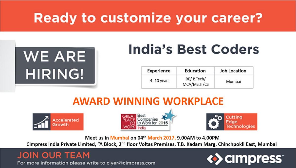 ReenaAlagarasan's tweet image. #HIRING! #Java_Developers at #Cimpress #Mumbai.
Are you enthusiastic about coding and think you can add value to our team …then let’s talk.