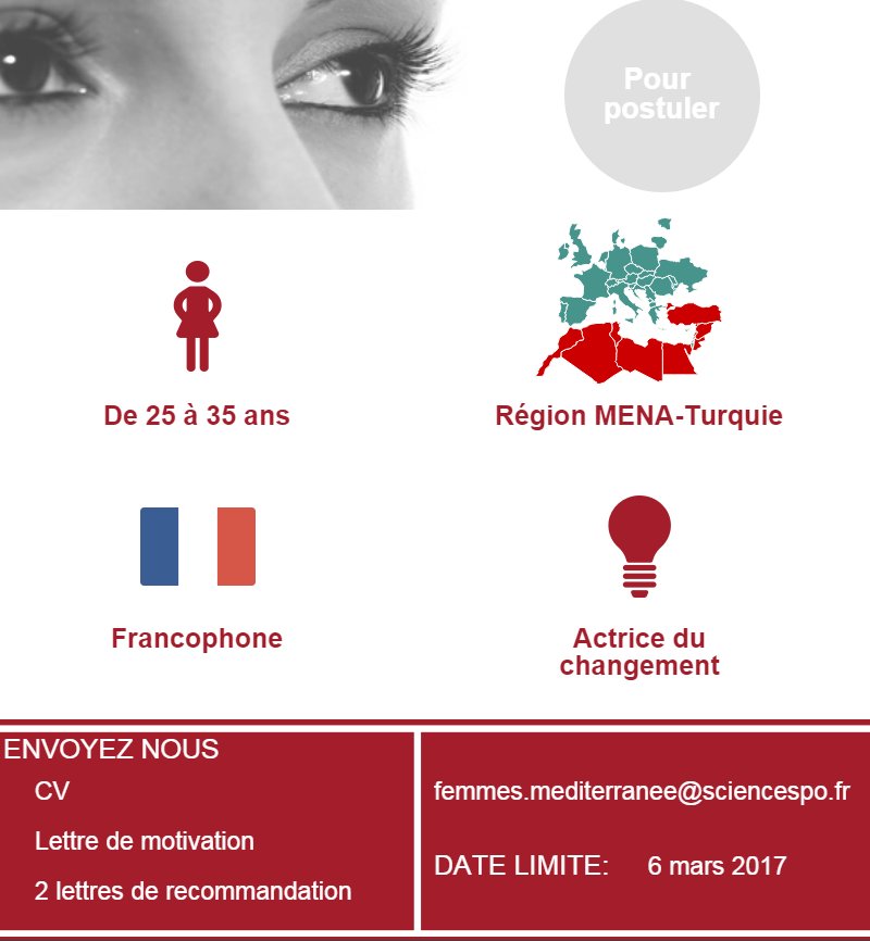 WomedScPo's tweet photo. Plus que quelques jours pour candidater au programme Femmes d'avenir en Méditerranée! #women #gender
Plus d'infos https://t.co/8zqYsmZhSE https://t.co/kRX7FPfpu7