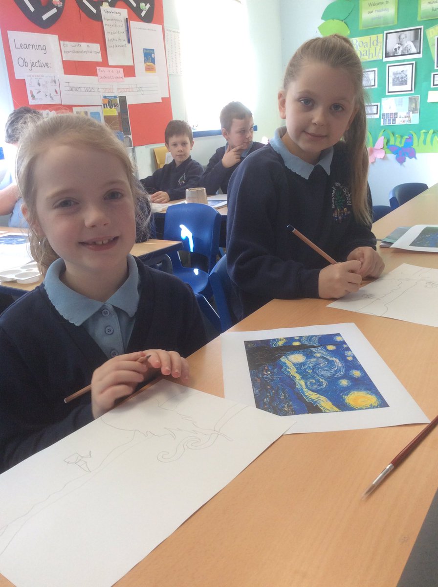 Year3Meynell's tweet photo. Year 3 have loved learning about Vincent Van Gogh today. They have replicated one of his most famous poems - 'Starry Night'. #Artday https://t.co/OH27APHcPF