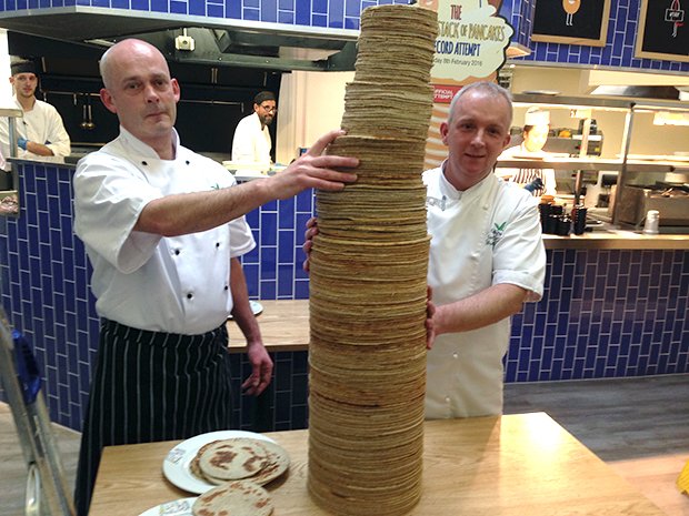GWR's tweet photo. Right now @philvickerytv is attempting the tallest stack of pancakes on @thismorning
Record to beat? 213 pancakes 101.8 cm (3 ft 4 in) ⬇ https://t.co/jIhGKkGFnm