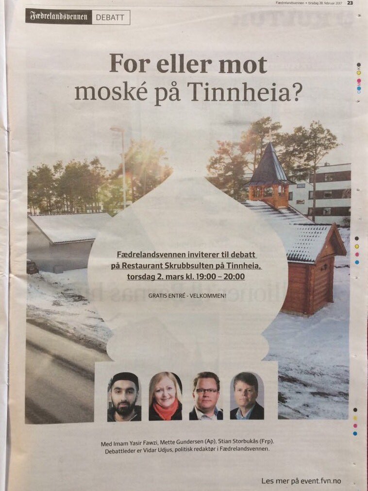 Er du for eller mot moske på Tinnheia i Kristiansand? <a href="/fvn_no/">Fædrelandsvennen</a> <a href="/VidarUdjus/">Vidar Udjus</a> inviterer til debatt torsdag m <a href="/yasiratiq/">Yasir Fawzi</a> <a href="/Arbeiderpartiet/">Arbeiderpartiet</a> <a href="/frp_no/">Fremskrittspartiet</a>