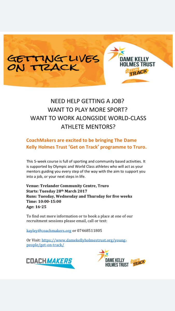 We have <a href="/DameKellysTrust/">DameKellyHolmesTrust</a> Get on Track programme coming to Truro on 28th March with @annievernongb <a href="/OCTOPUSDEEJ/">Dan James</a> see flyer for more info