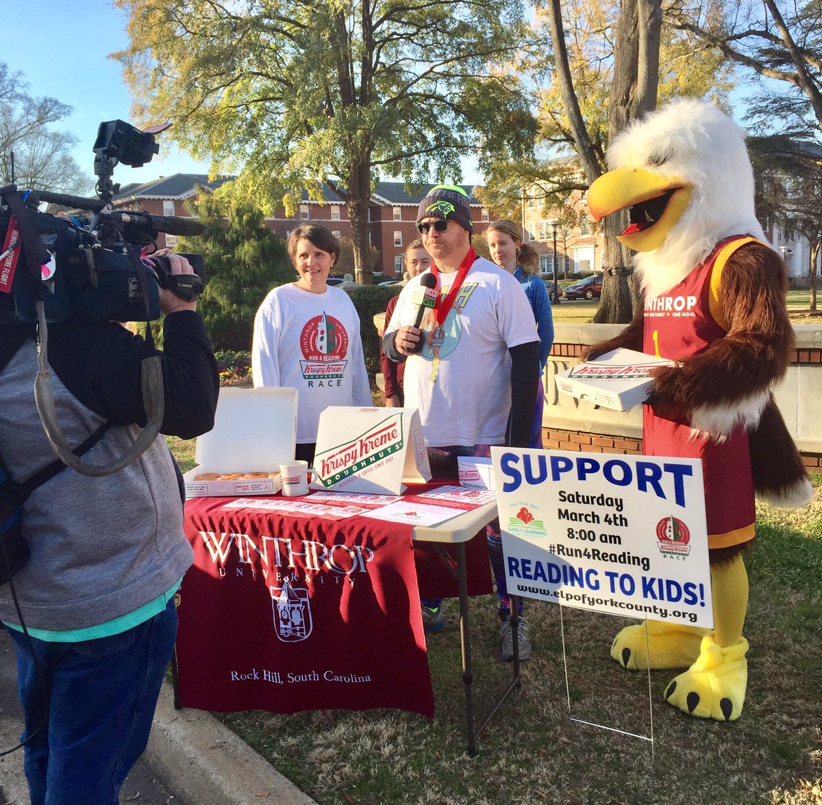 winthropu's tweet photo. @WilsonsWorld with #WCCB giving the details about Saturday's @krispykreme #Run4Reading road race https://t.co/MgyvgR8GDg