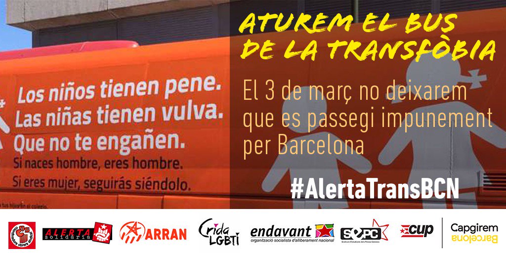 cridacridacrida's tweet photo. Aquest divendres, aturem el bus de la transfobia a Barcelona! No deixarem que es passegi pels nostres carrers! #AlertaTransBCN https://t.co/ODl5ZLu4sq