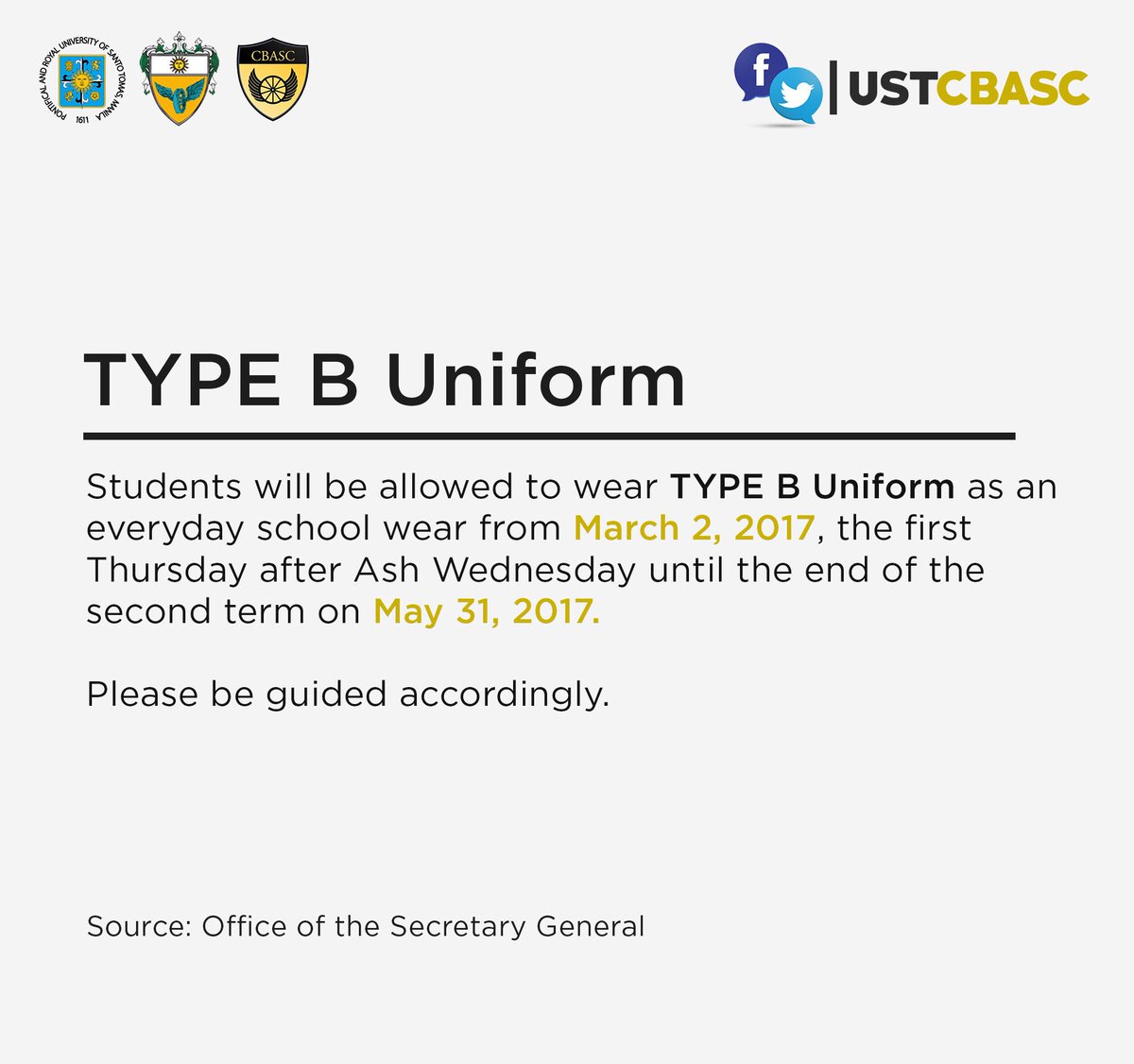 USTCBASC's tweet photo. #CBASCAdvisory: TYPE B Uniform 

Students will be allowed to wear the Type B uniform from March 2 to May 31. https://t.co/kWQi0RnCPr
