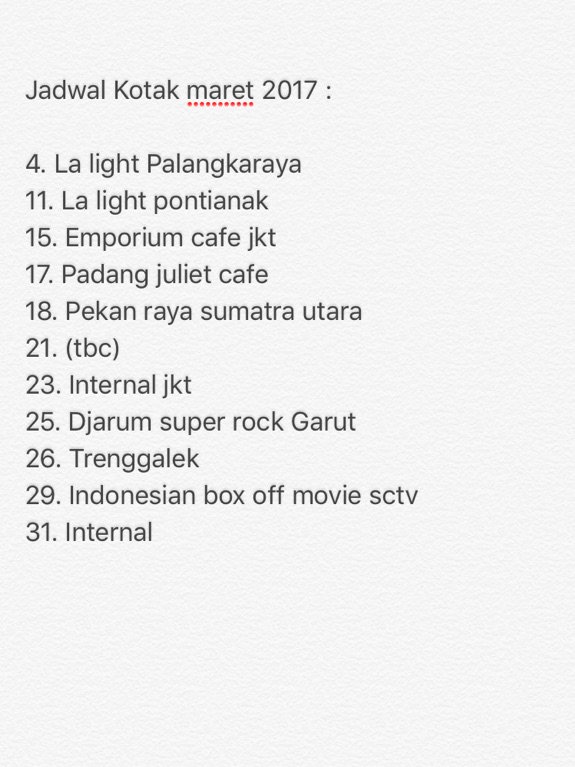 RT <a href="/kotakband_/">Official KOTAK</a> Bismillah, berikut jadwal aktifitas kotak untuk bulan Maret 2017, yuk merapat yg kotanya ada dijadwal