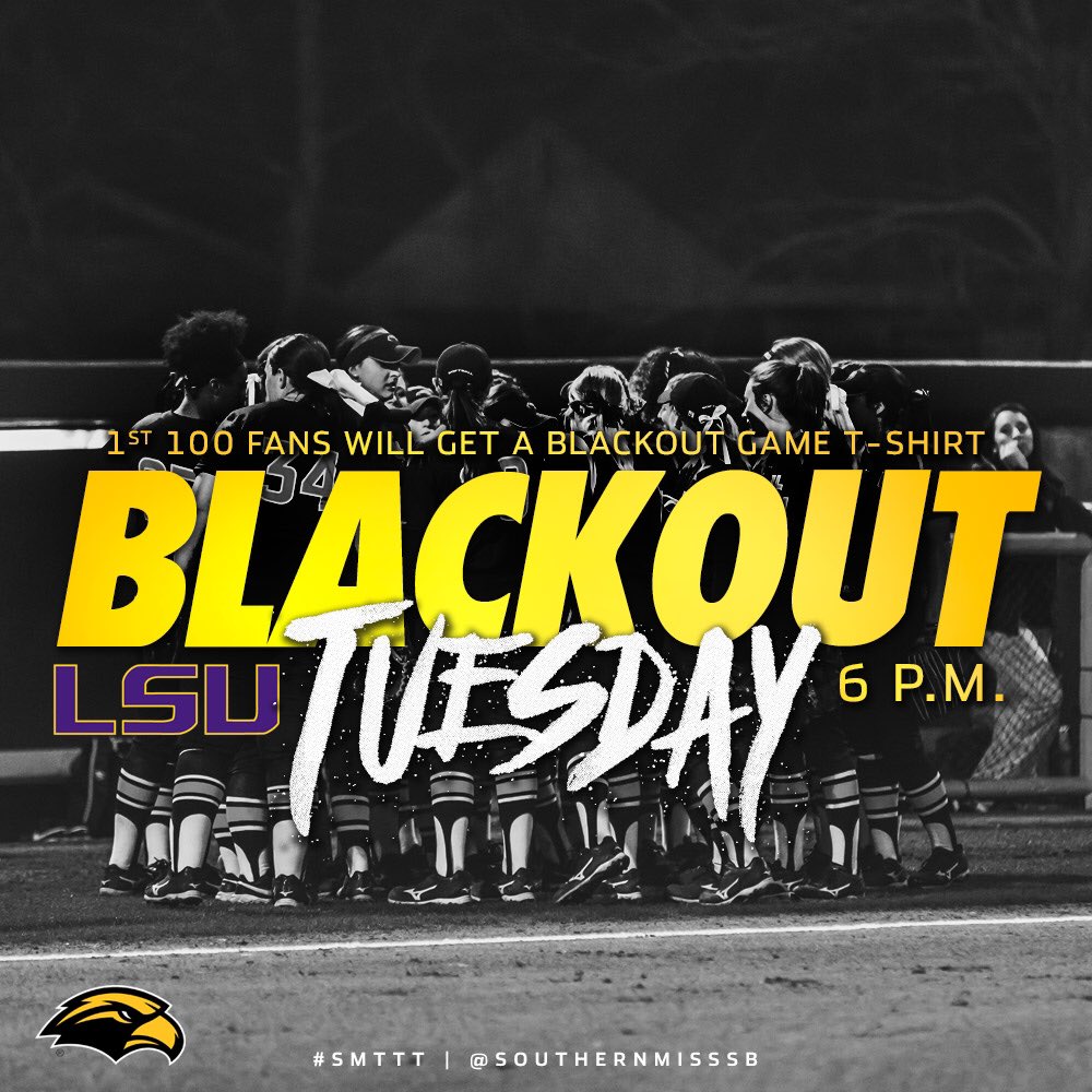 USMGoldenEagles's tweet photo. GAME DAY!!!
@SouthernMissSB vs. #7 LSU
🕕: 6 p.m.
⚫️: BLACKOUT Game
📍: #SouthernMiss Softball Complex https://t.co/WSfYDmlCff