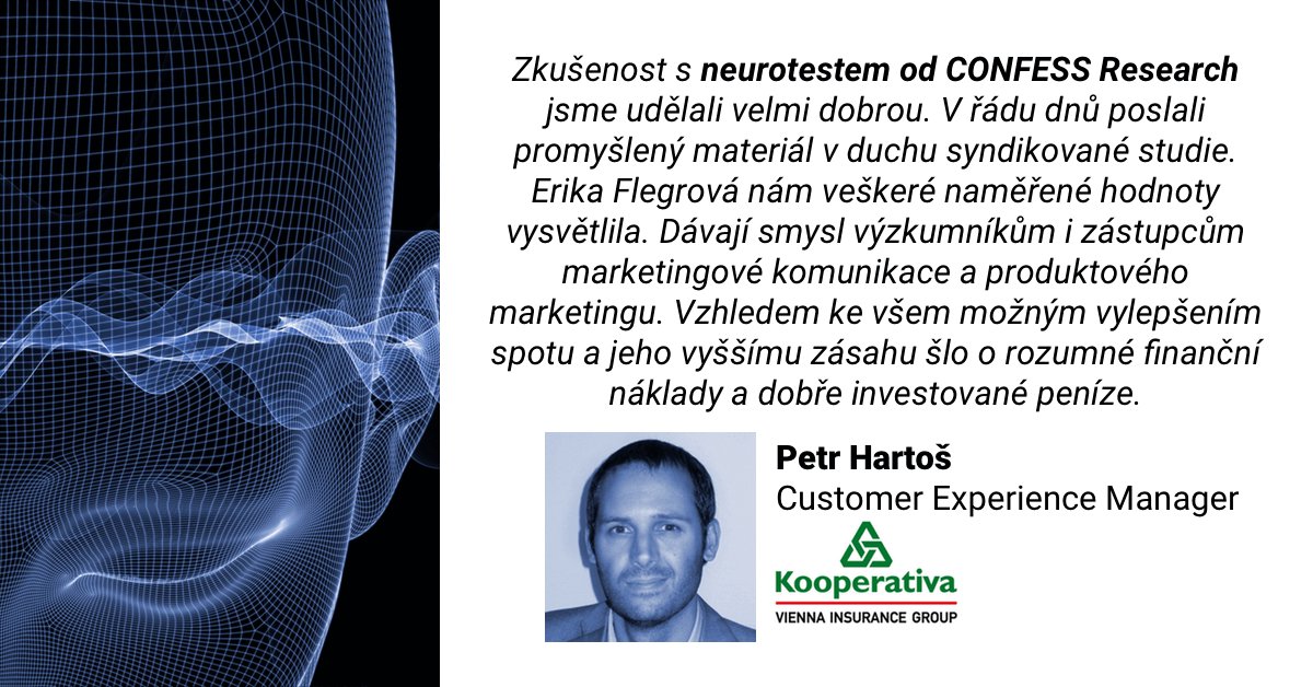 CONFESSResearch's tweet image. Máme radost, že vám #neuromarketing pomáhá! Velké díky @KooperativaCZ! Co kdybychom zvedli výkon i vaší TV reklamy? ow.ly/sCBA309r3EM